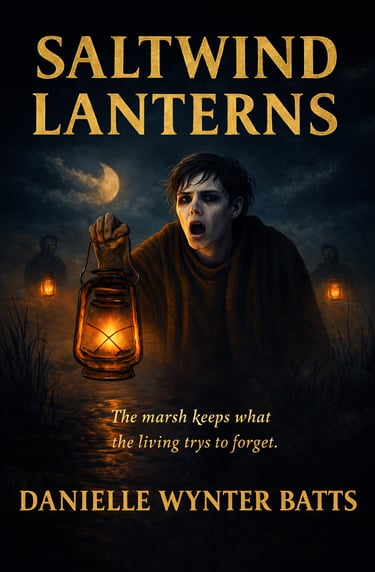 Gothic horror scene of a skeletal figure holding a glowing lantern in a foggy marsh