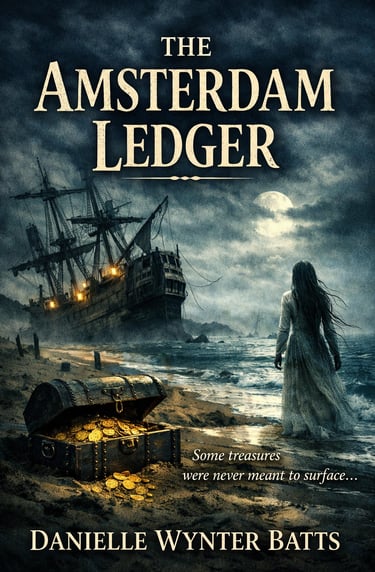 Ghostly woman on moonlit beach with treasure chest and wrecked ship; audiobook cover for The Amsterdam Ledger.