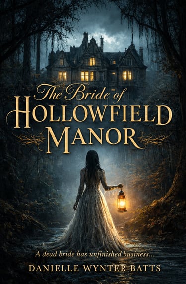 Woman in a tattered bridal gown holding a lantern on a misty path leading to a lit gothic manor.