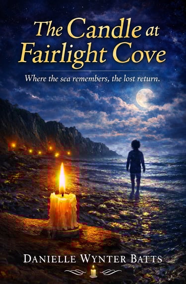 Moonlit coastal scene with a child facing the sea and a glowing candle on the shore