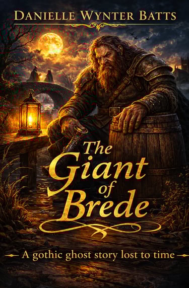 Lantern-lit scene with a giant seated by a barrel and two cloaked figures crossing a moonlit bridge