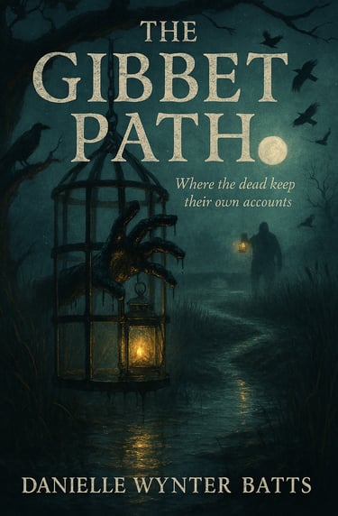 Caged lantern with a severed hand in a misty forest path under a moonlit sky