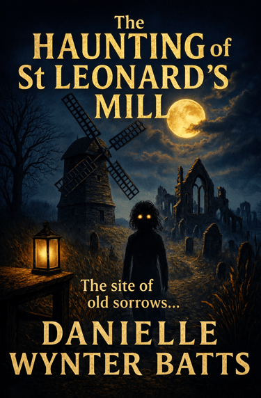 Moonlit ruins with a shadowy figure on a path beside a lantern and an old windmill.