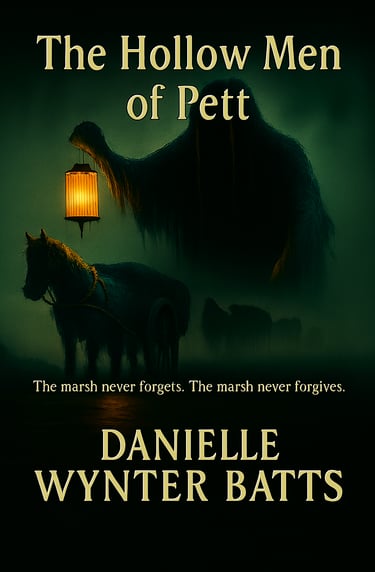 Hooded ghostly figure with a glowing lantern looming over a misty horse‑drawn cart in a marsh.