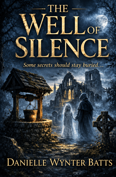 Hooded ghost leads a girl past an ancient well toward ruined gothic buildings in a foggy graveyard.