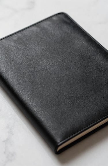 Detail shot of a black leather-bound brand book resting on a white marble surface, sharp lighting, desaturated tones.