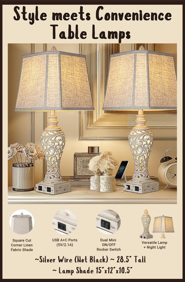 LuxSight Table Lamp Set Living Room Bedside Night Light USB Plugs