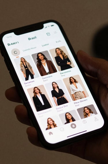 Close up of a premium smartphone screen displaying a social media feed with influential fashion content, soft depth of field, professional studio setting in Brazil.
