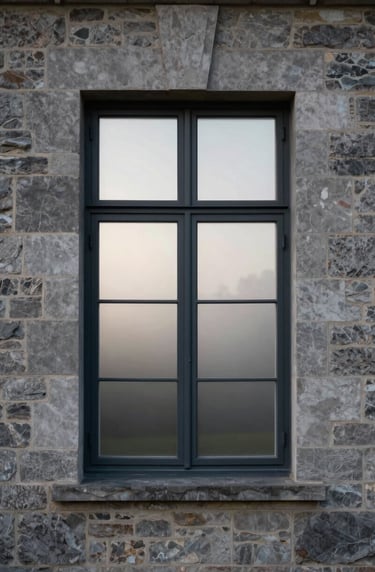 A minimalist architectural photograph of a North American / European manor house window. The scene is composed with a focus on symmetry, showing dark charcoal frames against warm grey stone walls. Outside, a hint of off-white morning mist is visible.