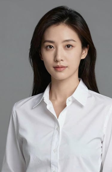A minimalist portrait of a professional woman in a crisp white shirt, photographed against a neutral gray background. The lighting is soft and flattering, emphasizing a confident and creative visual identity.