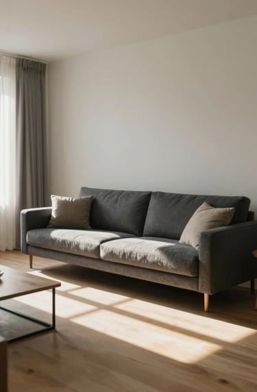 A wide, cinematic shot of the finished living space. Sunbeams cross the floor, illuminating a comfortable sofa and charcoal #2F4F4F accents. The atmosphere is peaceful and airy.