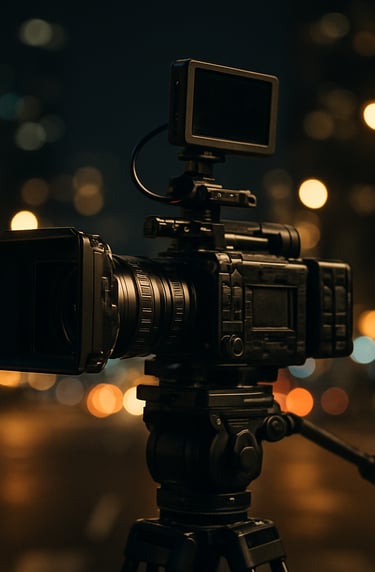 A high-end cinematic camera on a heavy-duty tripod in a metropolitan urban setting at night, city lights blurred in the background, professional production atmosphere.