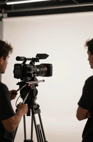 A high-end production scene of a camera operator filming a branded content segment in a bright, modern studio. Soft off-white lighting with deep black shadows. Global / Western.