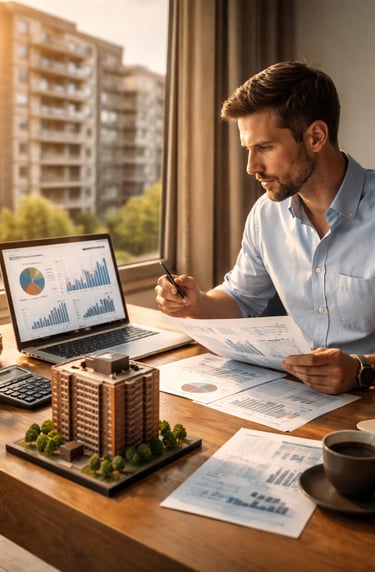 Essa imagem representa um homem analisando fundos imobiliários de tijolo