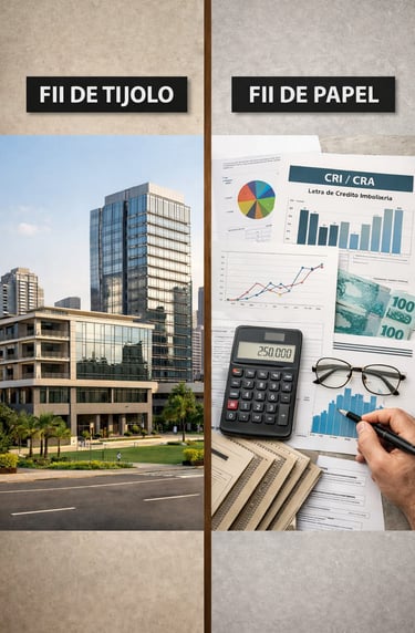 Essa imagem representa a diferença entre os FIIs de tijolo e os FIIs de papel