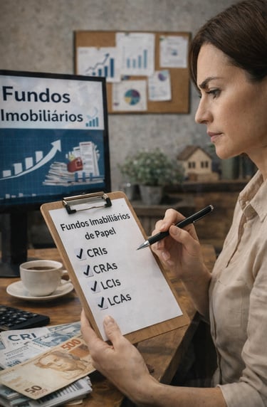 A imagem representa uma mulher analisando fundos imobiliários de papel