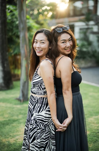 Portrait session of two women friends at Padma Resort Legian Bali with elegant tropical resort atmosphere.