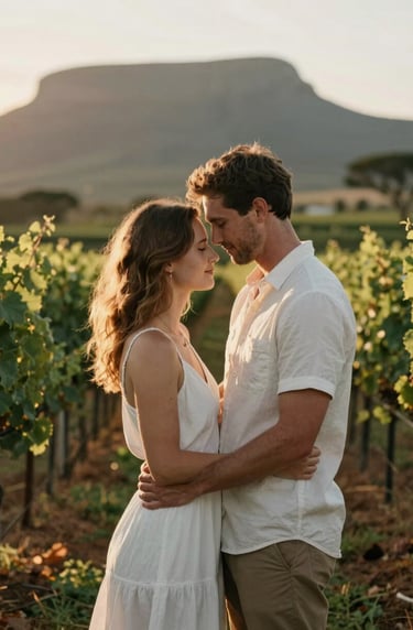 A romantic couple portrait taken at golden hour in a South African vineyard, soft focused background, warm lighting, Deep Forest Green and Soft White accents.