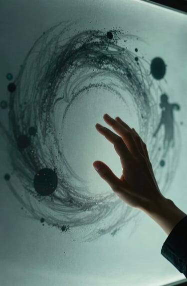 A tall, vertical shot of a person's hand reaching toward a screen of milky glass. Behind the glass, silhouettes of cosmic dust swirls in dark charcoal and deep teal. The lighting is friendly yet mysterious, embodying a scientific inquiry.