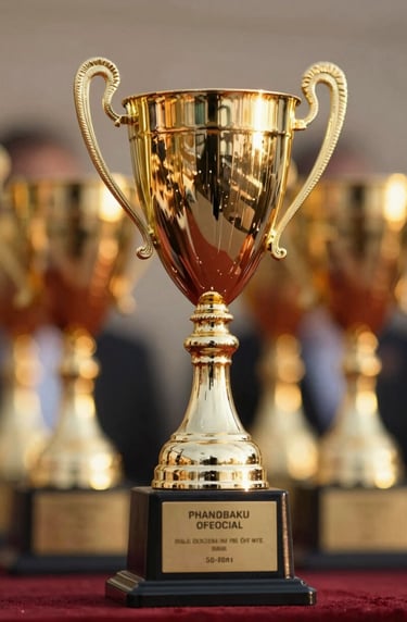 The trophy presentation ceremony, capturing the golden hour light hitting the winners. Elegant and impactful composition, highlighting the results of the action with #F2F1ED highlights.