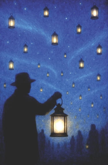 A figure lifts a lantern skyward, joining a starfield of lights rising all around.