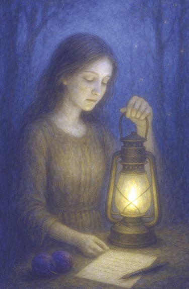 A young woman holds a lantern over a handwritten page in the woods, deep in thought