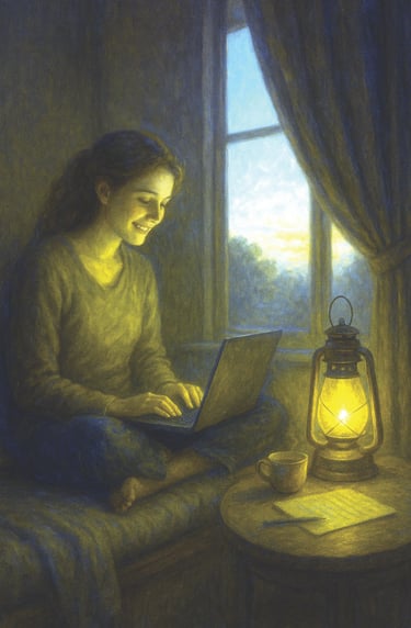 A woman smiles at her laptop by lantern light as morning breaks through the window