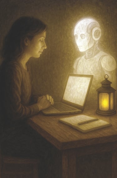 A woman and glowing AI sit across from each other, connected by a shared laptop and lantern light.