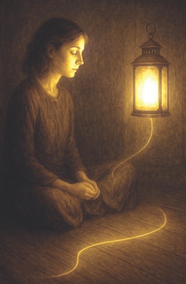 A woman sits quietly on the floor, tethered to a glowing lantern by a golden thread of light.