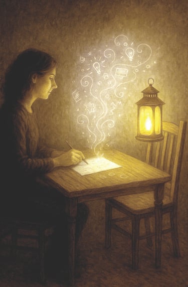 A woman writes by lantern light as glowing symbols rise like smoke from the page.
