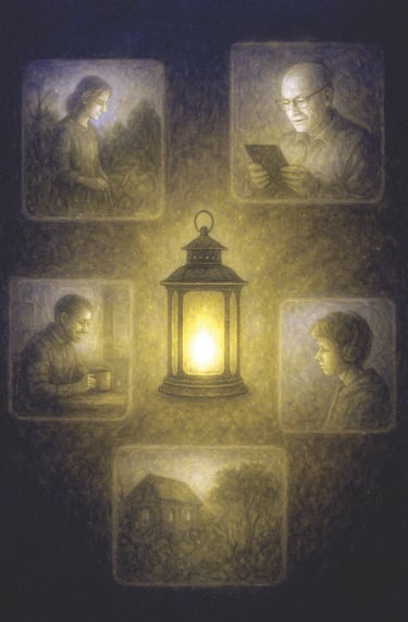 A glowing lantern connects people in separate frames, each lit by its shared light.
