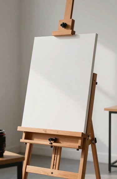 A clean, modern photography studio in the US with a wooden easel, blank canvas, and professional art supplies arranged neatly, lit by soft natural light.