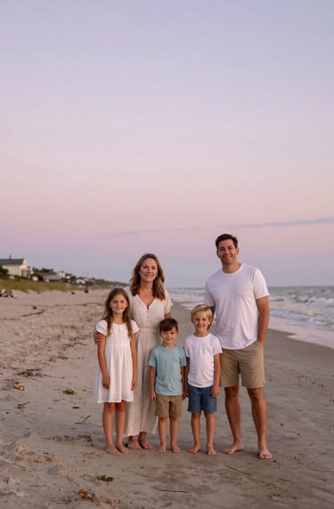A wide-angle portrait of a family at the beach in West Michigan at dusk. Soft pastel colors in the sky, sandy beige ground, and a light, airy atmosphere that feels approachable and warm.