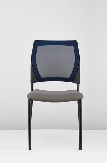 V137 visitor chair with grey seat and blue mesh back, front view