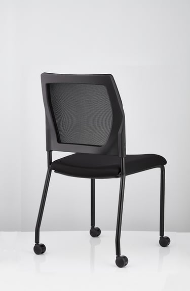 V137 black mesh-back chair, side angle with visible frame and castors