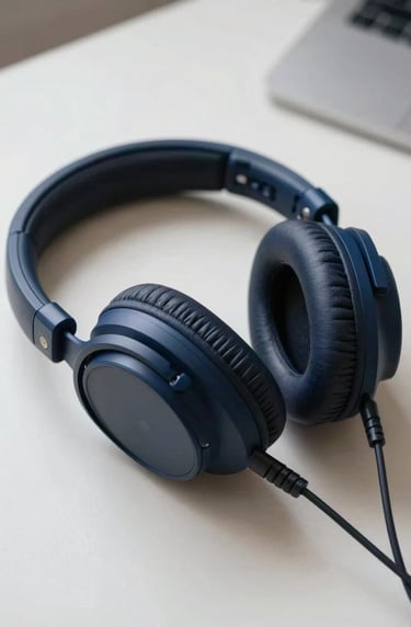 A pair of high-end professional studio headphones resting on a minimalist desk. Clean, modern composition with a focus on cutting-edge expertise. Colors include dark navy and muted blue, Southern European / Spanish vibe.