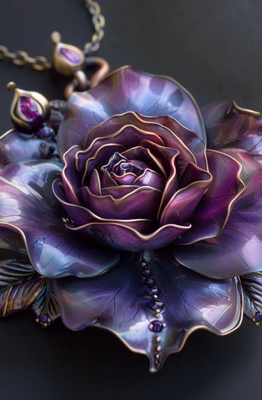 Flower and Jewelry. Purple Floral Enamel Necklace. Rose Flower Pendant