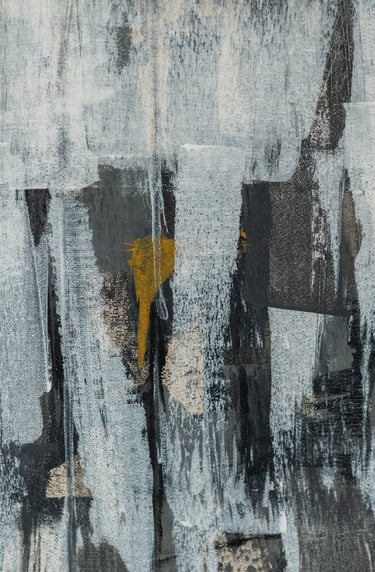 Abstract painting with textured black, white, and grey brushstrokes featuring a gold paint splash.