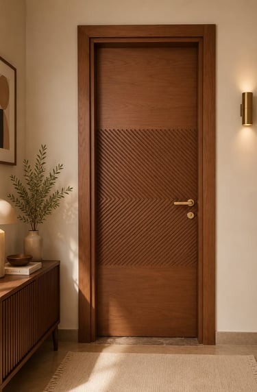 Elegant modern walnut wood door with chevron patterns and gold handle in a stylishly lit interior hallway.