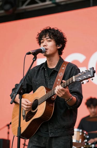 A medium shot of a musician performing an original piece on a stage with a Vibrant Coral background, bright and energetic atmosphere in an International / English-speaking local venue.