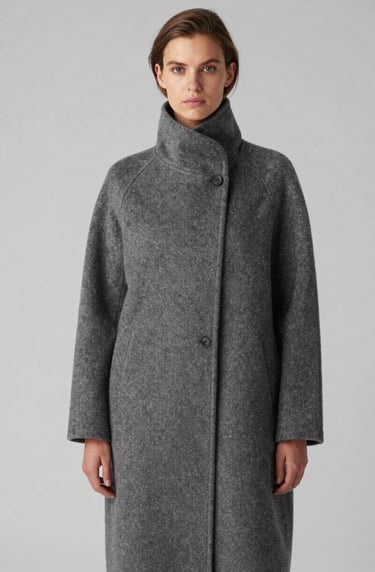 A portrait of a woman wearing a high-fashion, minimalist wool coat in charcoal gray. Standing against a light silver background in a studio in Copenhagen. Clean, sharp lines, neutral expression, Northern European aesthetic.