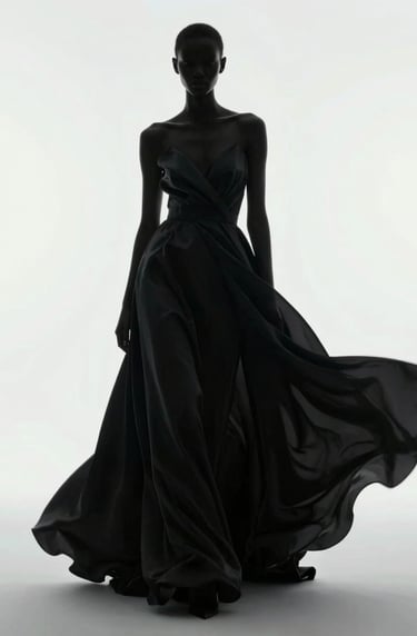 Ethereal silhouette of a fashion model wearing a flowing black silk gown against a bright #F8F8F8 backlit background, refined elegance, minimalist composition.