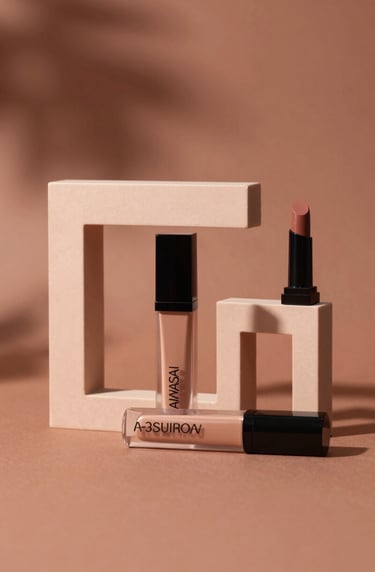 Commercial product shot of high-end cosmetics. Hard light casting geometric shadows on a terracotta #A3533F background. The products are arranged with mathematical precision, looking professional and high-value.