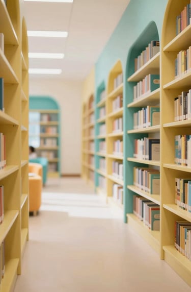 A wide, bright view of a modern children's library wing. The shelves are organized and feature pops of #D4B281 gold and #7A9E9F teal. Natural light pours in, creating a warm, imaginative atmosphere for research and play.