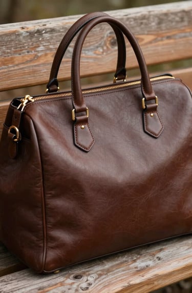 A highly detailed close-up shot of a classic leather handbag in rich espresso brown, resting on a rustic wooden bench. Soft warm light, elegant magazine look.