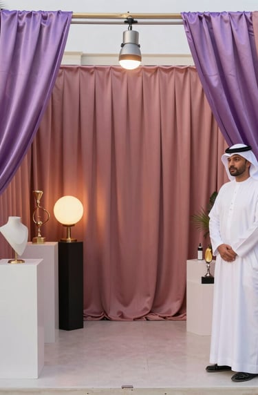 A beautifully decorated event photo booth area with a backdrop of Dusty Rose and Amethyst silk drapes, elegant lighting, and stylish props for a women-only celebration in the Gulf region.