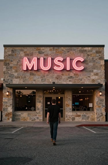 A wide shot of a solitary figure walking toward a North American / US music venue at twilight, neon sign glowing softly in warm stone grey and dusty rose brown colors.