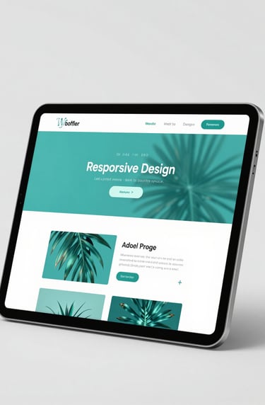 A sophisticated tablet mockup showing a responsive web design with a minimalist aesthetic. The layout uses tropical teal and platinum tones, projecting clarity and modern professionalism. Clean, high-resolution studio shot.