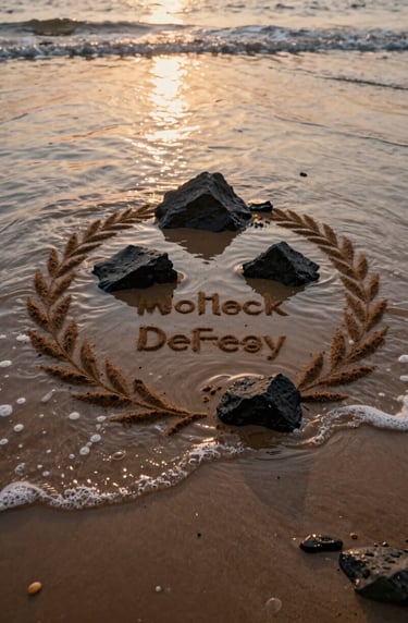 A top-down view of the completed sand installation as the first waves of the tide touch the base. The water is clear, reflecting the charcoal rocks and the warm, golden terracotta light of the horizon. Cinematic and contemplative.