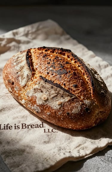Macro photography of a fresh bread loaf on an ivory linen cloth, dramatic cinematic lighting with deep shadows, symbolic of Life Is Bread LLC, professional studio setup.